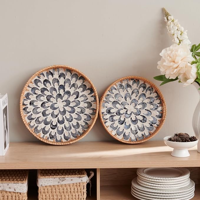 YANGQIHOME Round Serving Tray with Handle, Rattan Tray with Decorative Mother of Pearl Inlay, Round Wicker Trays for Home Decor, Coffee Table, Gifts, Dining, 11.8 inch
