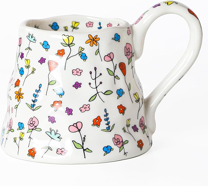 Mkour 16oz Large Ceramic Coffee Mugs, Handmade Big Tea Cups, Floral Design, Wide Bottom with Large Handle for Office and Home, Microwave and Dishwasher Safe (White)