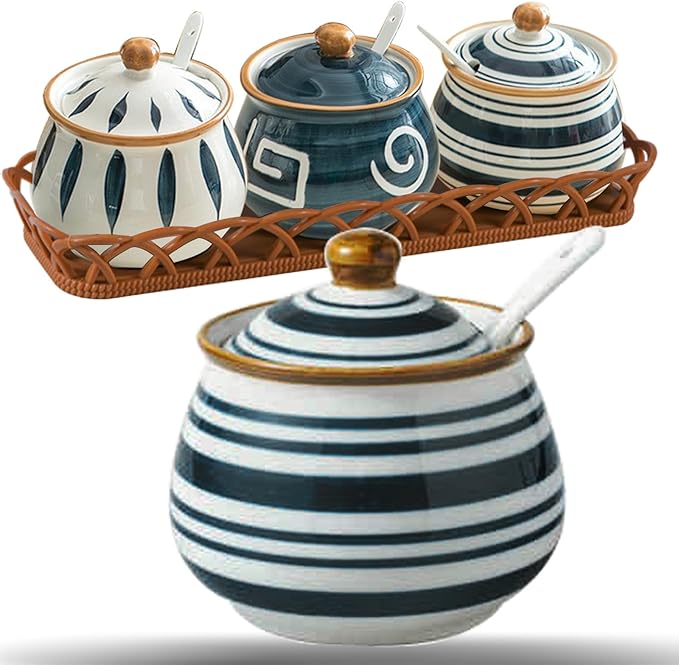Kitchen Ceramic Condiment Jars with Lids and Spoons, 3 Piece Porcelain Seasoning Jar Set for Salt Spice Pepper Suger Bowl, Coffee Tea Container Pot with Serving Tray - Japanese Style