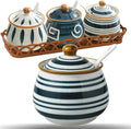 Kitchen Ceramic Condiment Jars with Lids and Spoons, 3 Piece Porcelain Seasoning Jar Set for Salt Spice Pepper Suger Bowl, Coffee Tea Container Pot with Serving Tray - Japanese Style