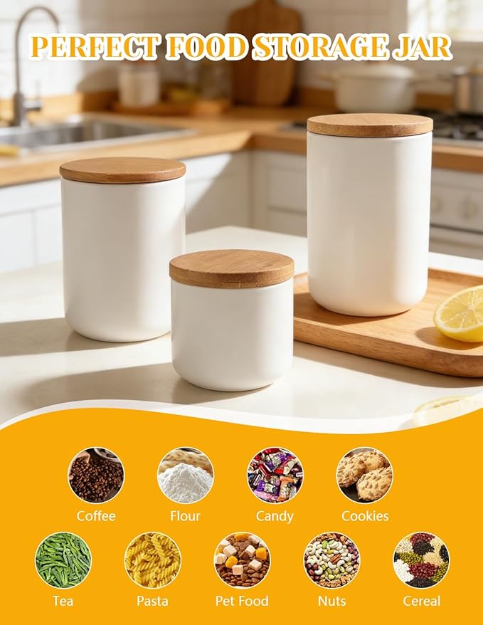 YYW Ceramic Food Storage Containers with Lids, Kitchen Canisters for Countertop, White Food Containers Jar for Flour, Coffee Bean, Sugar, Tea, Spices and More, Home Decor (260ml/8.79oz)