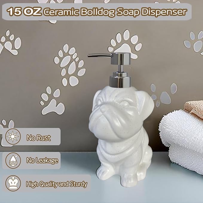 Dog Soap Dispenser, Caahanjia White Ceramic Lotion Dispenser, Funny Ceramic Lotion Dispenser, 15Oz Lotion Liquid Dispenser for Bathroom Kitchen Sink (White Dog)