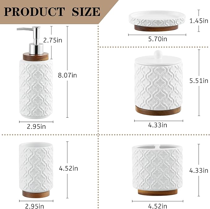 Elegant 5 PCS Ceramic&Wood Bathroom Accessories Set:Soap Dispenser,Toothbrush Holder,Tumbler,Soap Dish,Cotton Swab Jar,Easy to Clean,Quatrefoil Pattern,White-Affordable Home Luxury