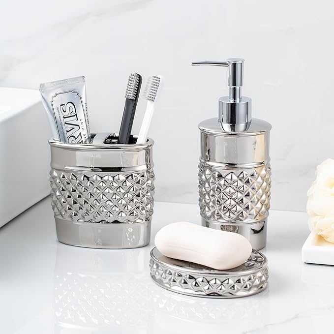 3-Piece Silver Ceramic Bathroom Accessories Set - Luxurious Soap Dispenser, Toothbrush Holder & Soap Dish with Modern Geo Embossed Design for Bathroom Accessory Set