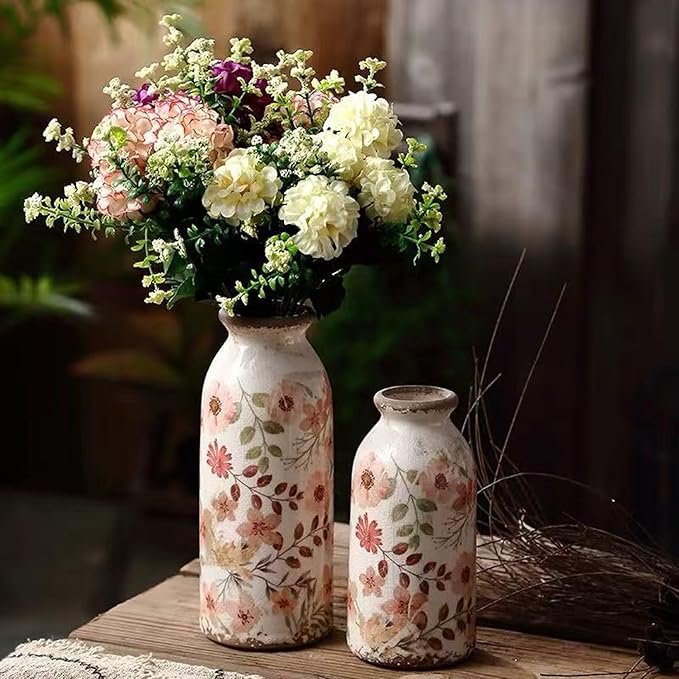 Small Rustic Ceramic Flower Vase - Farmhouse Vase for Flowers,Vintage Vases for Home Decor,Farmhouse Decorative Vases for Living Room,Kitchen,Bedroom,Bathroom and Entryway Mantel