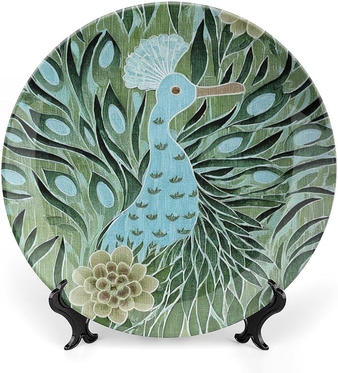 Aqua And Green Chinoiserie Fashion Plates, Custom Abstract Style Peacock Wall Hanging Decorative Plate, Farmhouse Office Decorations Housewarming Gifts, with Display Stand And Hook Up