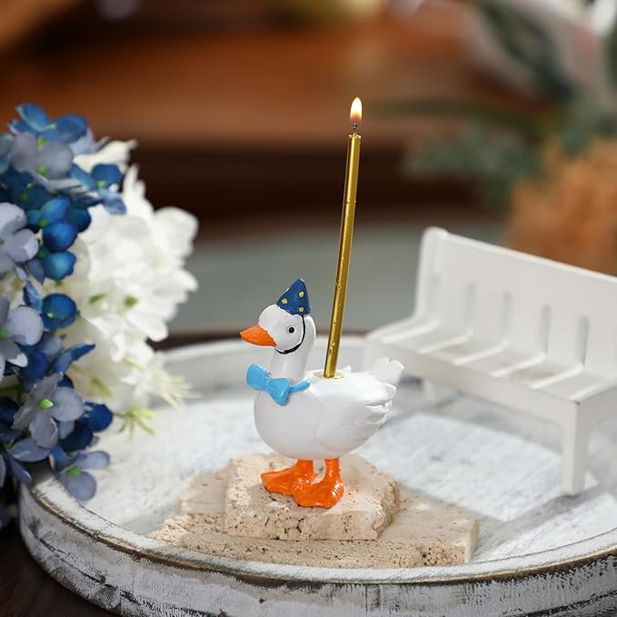 Mumufy Silly Goose Cake Candle Holders with Birthday Candle One Birthday Party Supplies Mini Cute Cake Topper Stand Candlestick for Kids Baby Shower Party Celebration, 3.15 Inch(Goose,Blue)