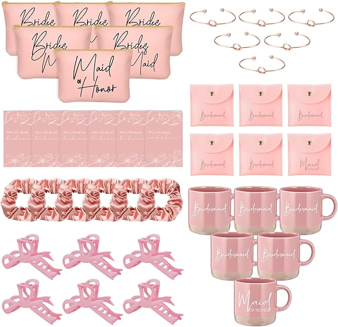 42 Pcs 6 Sets Wedding Favors Bridesmaid Proposal Gifts Maid of Honor Ceramic Coffee Cups Cosmetic Makeup Bags Invited Cards Scrunchies Knotted Bracelets Jewelry Bags Hair Claw Clips(Pink)