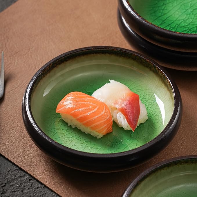 Uaral Japanese Salad Plate,Plates and Bowls Set,Stoneware Dish Set,Appetizer Plates Set of 4,5.5inch,14oz(Crack Green)
