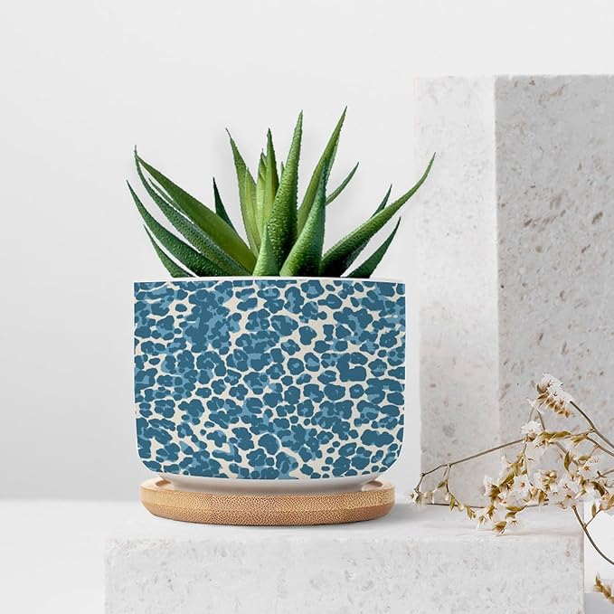 Leopard Blue and Beige Ceramic Planters African Tribal Animal Print Planters for Indoor Plants with Drainage Holes and Saucers Pot for Home Office Desk Garden