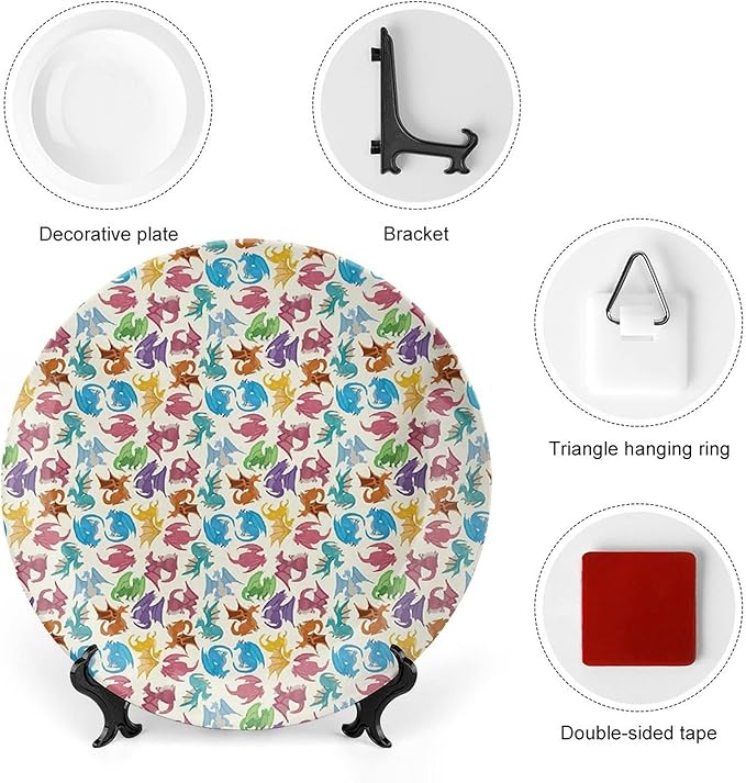 XISUNYA 7 Inch Decorative Plate, Dragon Ceramic Craft, Cartoon Children Animal Pattern Colorful Dragons Print Ceramic Wall Hanging for Home & Office Wall Hanging Decor