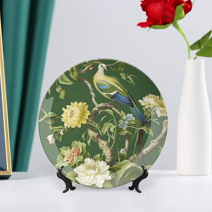 Decorative Plate Pagoda Garden Imperial Green Chinoiserie Peacock Custom Decor for Housewarming Gifts Wedding Club Kitchen Wall Art Hanging Plate Unique Art with Stand, Gifts for Men Women