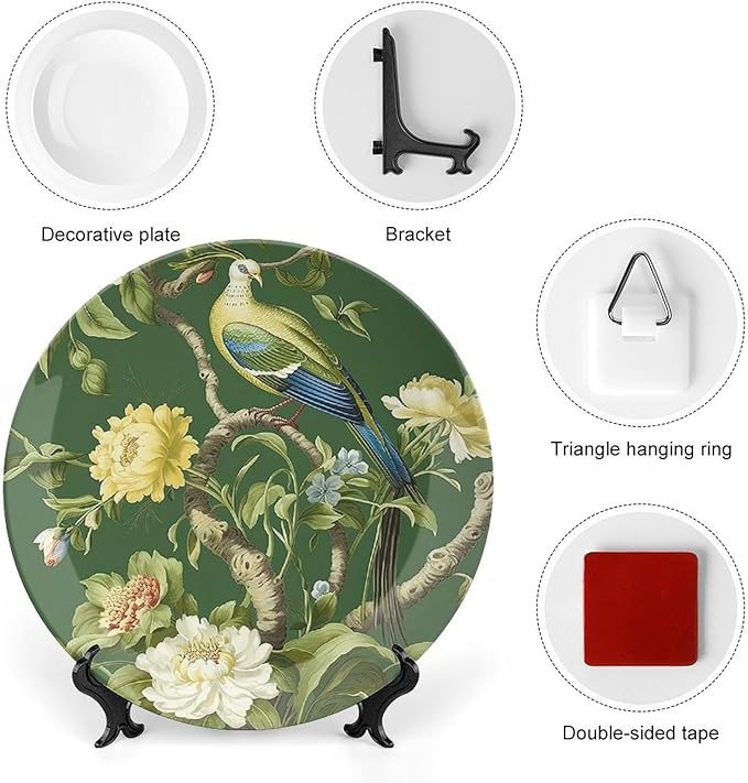 Decorative Plate Pagoda Garden Imperial Green Chinoiserie Peacock Custom Decor for Housewarming Gifts Wedding Club Kitchen Wall Art Hanging Plate Unique Art with Stand, Gifts for Men Women