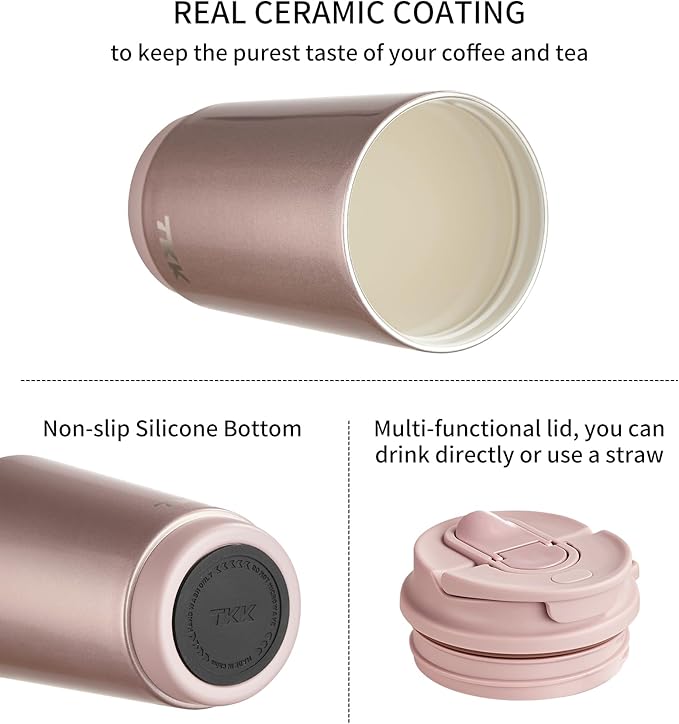 TKK Coffee Cup with Ceramic Coating - 14oz Insulated Stainless Steel Travel Mug, Leak-Proof Tumblers with Straw for Hot/Cold Beverages, Easy Wide Mouth Cleaning, Pink