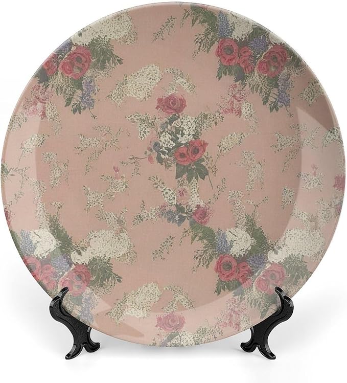 Home Decorations Decorative Plate, French Garden Thibaut Floral Coral Custom Christmas Gifts Wall Hanging Decoration for Table Home Wedding Decor, Unique Art with Stand