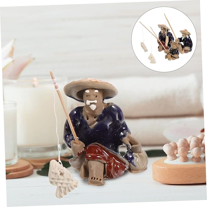 Mikikit 9pcs Mini Fisherman Statue Chinese Style Ceramic Figurines for Aquarium Bonsai Decor Realistic Fisherman Ornaments for Home Landscape Vintage Fishing Man Sculpture