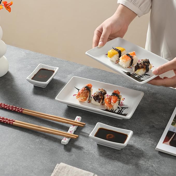 10 pcs Japanese Sushi Plate Sets Serving Platters and Trays for Entertaining Sushi Dishes Set Plates Sushi Plates Traditional Cuisine Dinnerware Sets with Chopsticks Pink Sakura