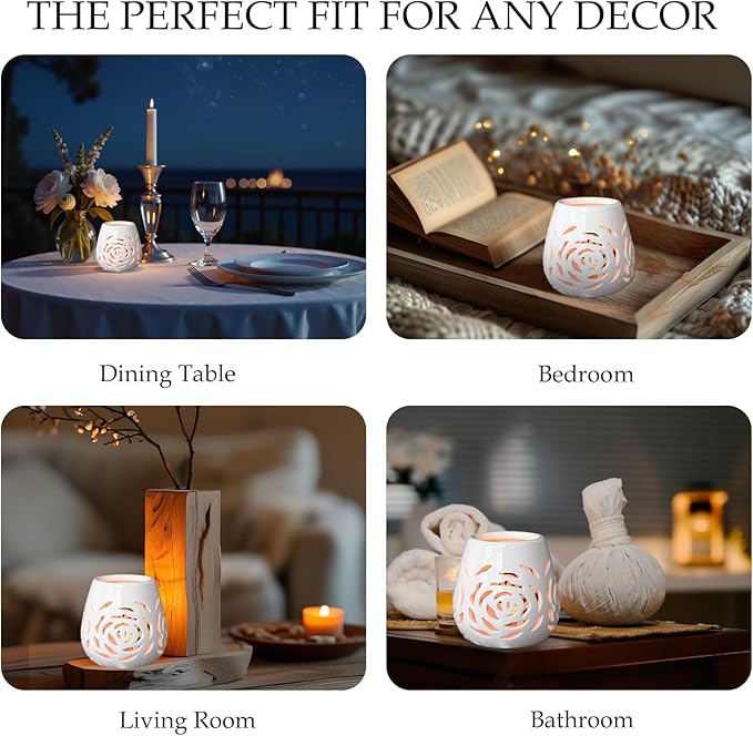 White Ceramic Rose Hollow Candle Holder – Creative Aromatherapy Essential Oil Burner, Wax Melt Diffuser & Tealight Candle Holder for Home Bedroom Decor, Perfect Christmas & Housewarming Gift
