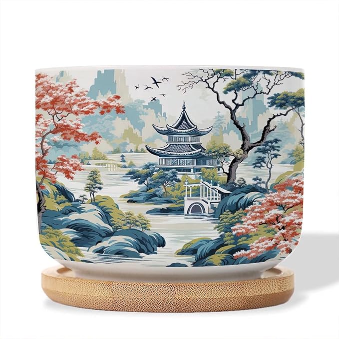 3 Piece Ceramics Planters for Indoor Blue Asia Tiered Tower Coral Pink Flower Small Ceramics Planter Chinoiserie Garden Scenery Succulent Planters Chinoiserie Chic Asian Plant Pot