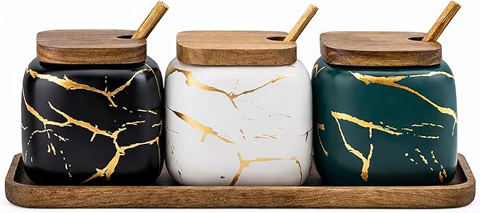 Ceramic Spice Jars Porcelain Condiment Jars Set Marble Ceramic Seasoning Box 3pcs Condiment Pots for salt, sugar, pepper Kitchen Seasoning Condiment Jar Set （Color mixing）
