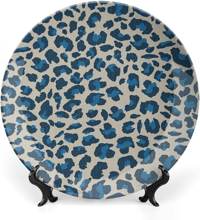 Leopard Animal Print Blue Plates Ceramic, Animals Wildlife with Textures Ceramic Craft for Decorative Ornaments for Table Farmhouse Office Decor, with Display Stand Art Decor for Home Club