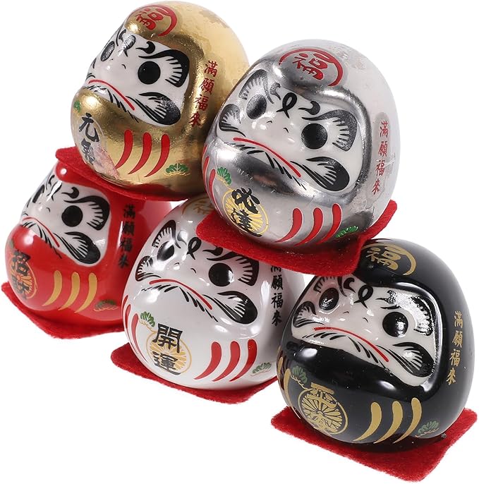 Japanese Ceramic Tumbler Figurines Set of 5 Mini Traditional Lucky Car Interior Decor for Home and Office Gold Plated
