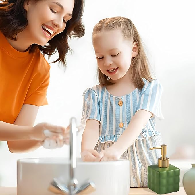 Hand Soap Dispenser Dish Cube Soap Dispenser Countertop 7.44 FL OZ. /220 ML Hand Lotion Pump Bottle Ceramic Lotion Container Liquid Hand Soap Jar Shower Dispenser Kitchen Bathroom Décor (Green)
