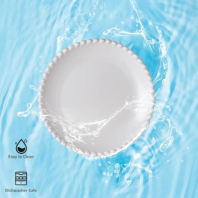 TAMAYKIM 5.5 Inch Porcelain Dessert Plates, Appetizer Plates, Round Small Dinnerware Sets, Scratch Resistant, Microwave, Oven, and Dishwasher Safe, White with Pearl Dots, Set of 12