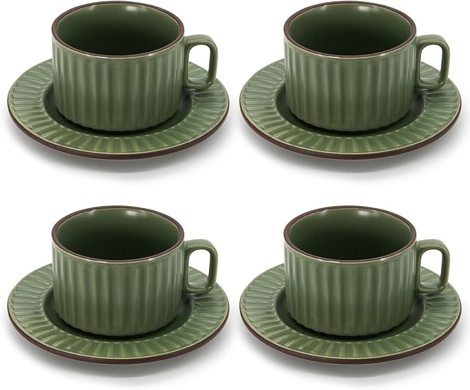 DOWAN Cappuccino Cup Set of 4, 8 OZ Ceramic Coffee Cups with Saucers, Coffee Mugs, Ribbed Espresso & Latte Cups Set, Elegant Stoneware for Home & Café Use