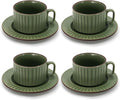 DOWAN Cappuccino Cup Set of 4, 8 OZ Ceramic Coffee Cups with Saucers, Coffee Mugs, Ribbed Espresso & Latte Cups Set, Elegant Stoneware for Home & Café Use