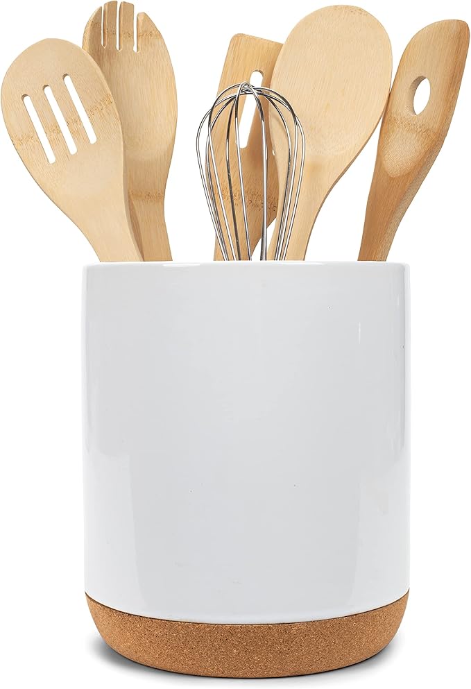 Elanze Designs Glossy X-Large Ceramic Stoneware Cork Bottom Kitchen Utensil Holder, White