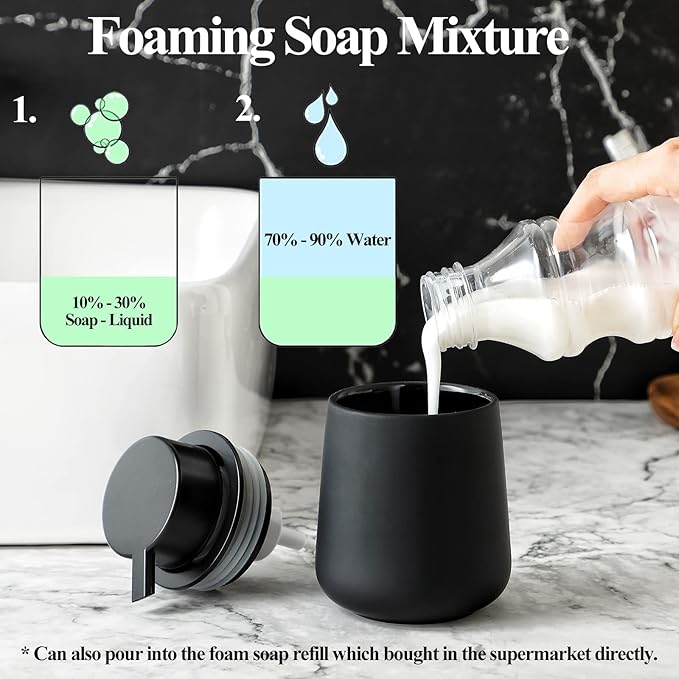 Black Bathroom Accessories Set 3 pcs - Ceramic Foaming Bathroom Soap Dispenser Set Farmhouse Black Bathroom Decor, Foam Soap Dispenser and Toothbrush Holder/Tumbler Cup, Tray
