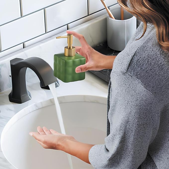 Hand Soap Dispenser Dish Cube Soap Dispenser Countertop 7.44 FL OZ. /220 ML Hand Lotion Pump Bottle Ceramic Lotion Container Liquid Hand Soap Jar Shower Dispenser Kitchen Bathroom Décor (Green)