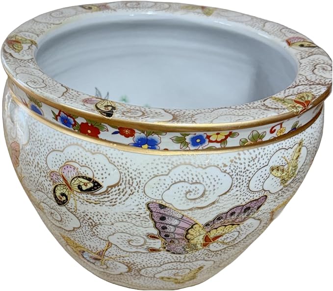 New 8" Oriental Colorful Butterfly Butterflies Themed Fish Bowl Jardiniere Planter Plant Pot & Acrylic Oriental Stand