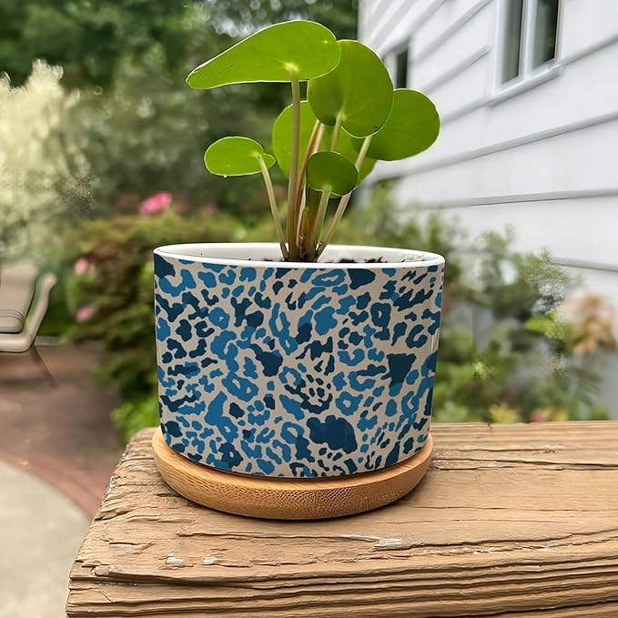 Leopard Blue and Light Brown Dot Planter Ceramic African Tribal Animal Print Round Flower Pots with Drainage Holes and Bamboo Tray Pot for Home Desktop Office Windowsill