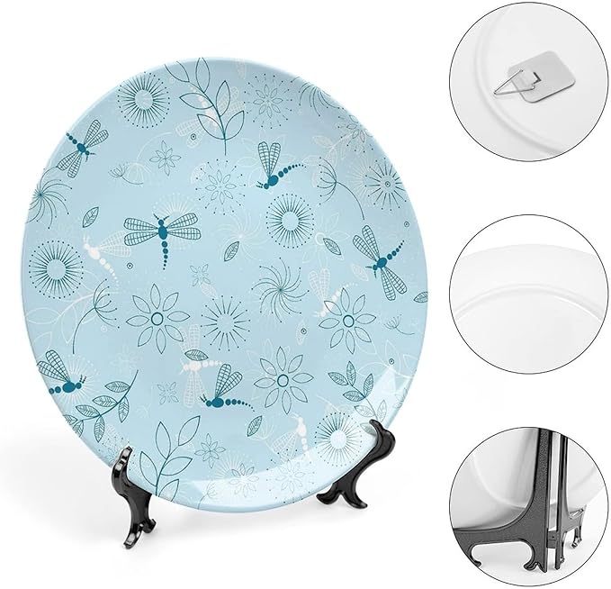 XISUNYA 10 Inch Decorative Plate, Dragonfly Round Porcelain,Bugs Leaves Branches Flowers Dandelions Abstract Art Print Ceramic Wall Hanging for Home Office Party Dinner Table Decor