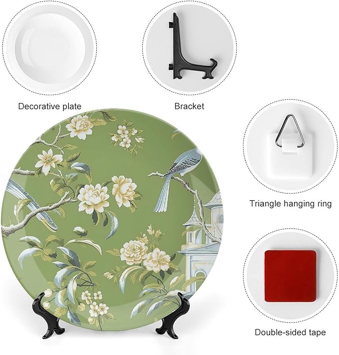 Pagoda Garden Imperial Green Chinoiserie Vintage Plates, Personalized Wall Hanging Decoration for Table Kitchen Club Decor, with Vertical Stand Art Decorations for Household Office