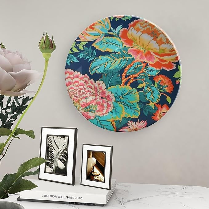 Chinoiserie Peony Floral Decorative Plate, Custom Asian Scenic Chic Chinoiserie Wall Decorative Plate, Club Housewarming Gifts Decorations Art Decoration, Including Bracket And Special Hook