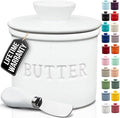 Zulay Kitchen Bell Shaped Butter Crock with Lid for Countertop with Water Line & Spreader Knife, Ceramic French Butter Dish Keeper For Fresh, Soft & Spreadable Butter - Speckled White