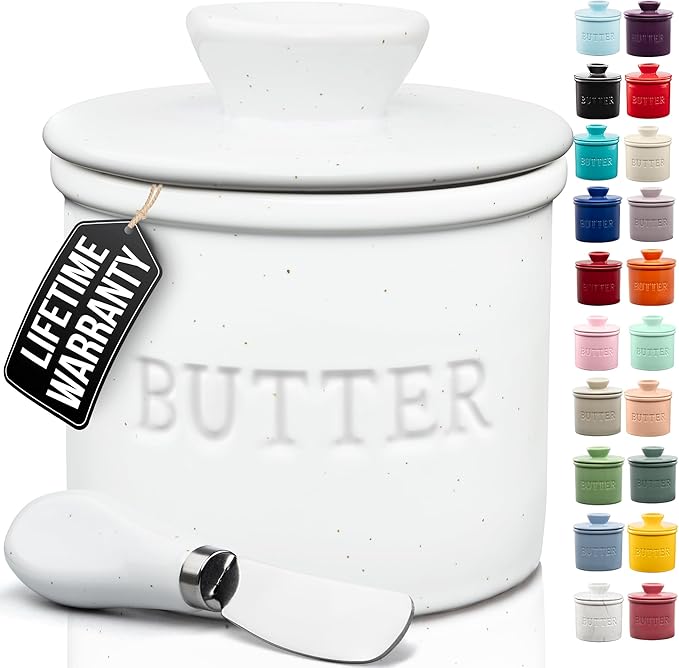 Zulay Kitchen Bell Shaped Butter Crock with Lid for Countertop with Water Line & Spreader Knife, Ceramic French Butter Dish Keeper For Fresh, Soft & Spreadable Butter - Speckled White