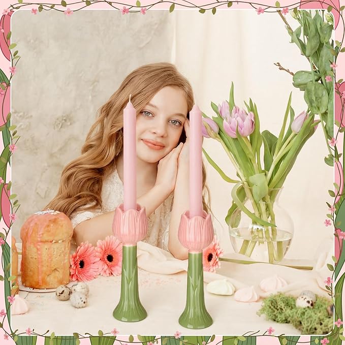 Vesici 2 Pcs 7.9 Inch Spring Pink Tulip Candle Holder Ceramic Tealight Candle Stick Holder for Table Centerpieces Wedding Parties Holiday Tabletop Decor Anniversary Engagement Gift