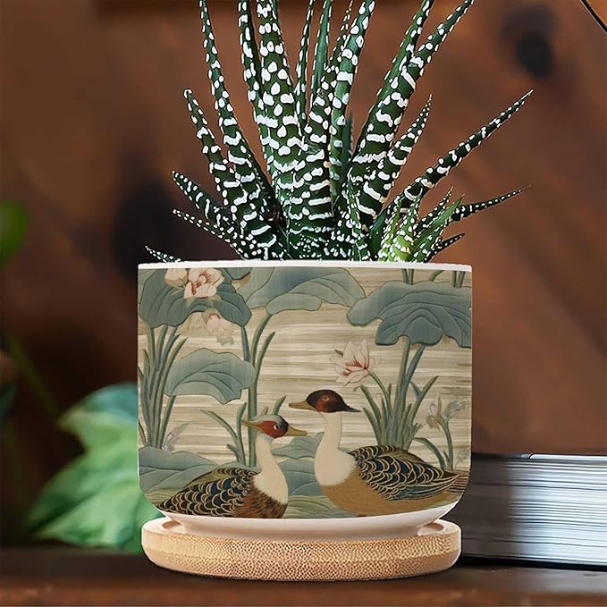 and Duck Garden Small Ceramics Pots for Plants Set of 5 Green Water Lily Chinoiserie Flower Ceramics Plant Pot with Drainage Bamboo Trays Chinoiserie Chic Planter for Succulents