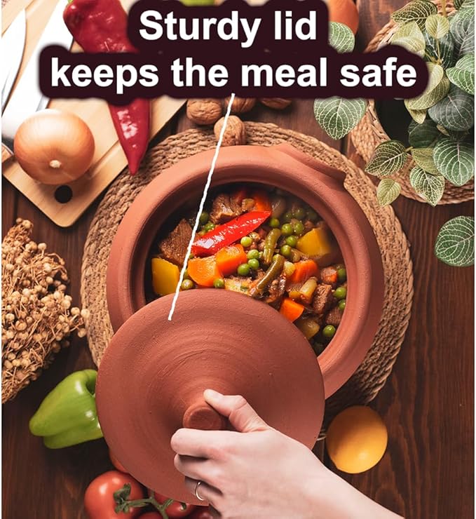 Large Earthenware Clay Mud Eathern Terracotta Cooking Pot Pottery Cazuela Cookware with Lid Natural Stovetop Stove Top Stone Stew Rice Unglazed Mexican Indian Kitchen Oven Terra Cotta Handcrafted Traditional Healthy (7.3 Quarts - Size3)