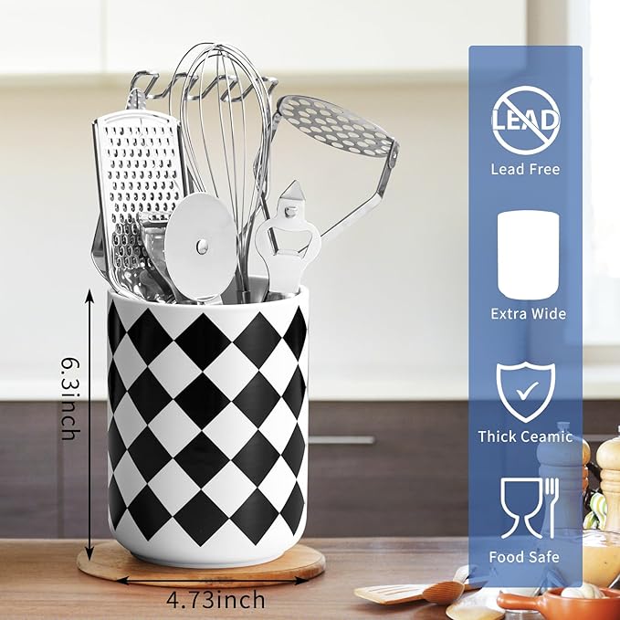 Kitchen Utensil Holder for Countertop， 6.4" Ceramic Utensil Holder Deep and Stable，Kitchen Utensil Organizer，Modern Checkered Utensil Holder for Decor