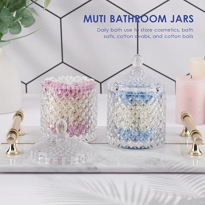 Q tip and Cotton Ball Holder Glass Apothecary Jar with lid, Small Bathroom Vanity Organizer and Storage Qtip Jar for Aesthetic Room Decor