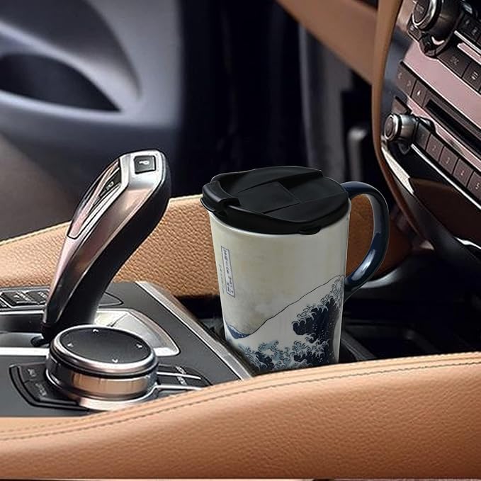 Topadorn Ceramic Coffee Mug with Lid and Handle Ceramic Travel Mug Porcelain Latte Teacup in Color Box 17 Oz, Splash Resistant Lid - To Go Tumbler for Car Cup Holder, Wave Art Mug
