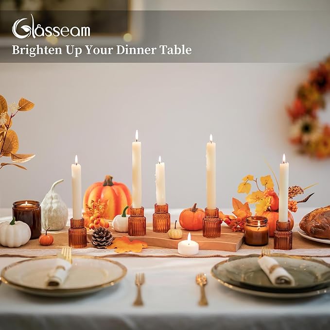 Glasseam Glass Candle Holders for Candlesticks: 10PCS Small Amber Candle Stick Holder Decor Ribbed Taper Candle Holder for Table Centerpiece Fall Candle Holders for Christmas Halloween Thanksgiving