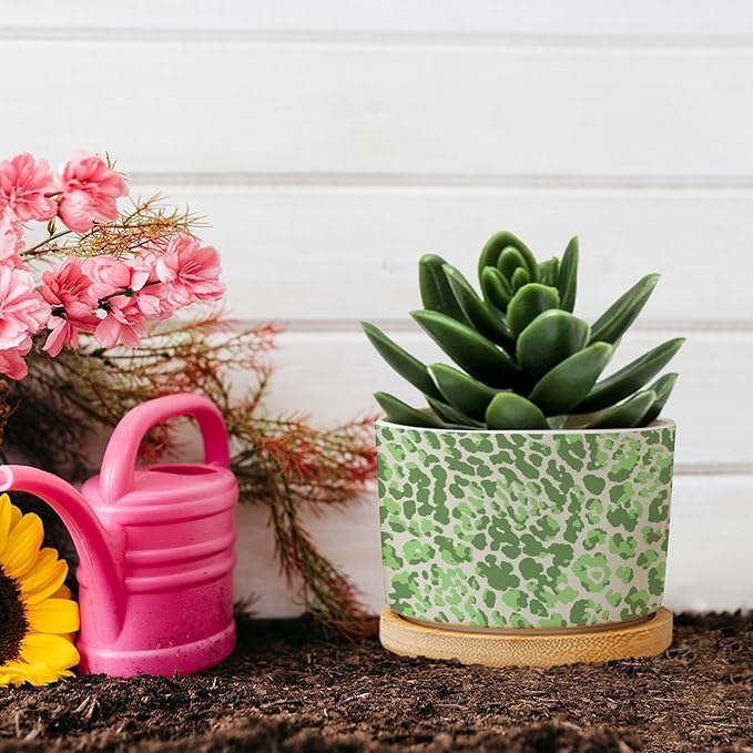 Leopard Green Beige Ceramic Planter Chinoiserie Style Green Snake Plant Live Indoor with Pot with Drainage Holes and Saucers Pot for Pots Outdoor Indoor Plants