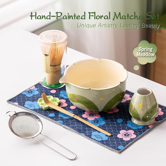 Matcha Whisk Set, 7Pcs Matcha Set with Hand-Painted Ceramic Matcha Bowl, Matcha Whisk and Holder, Scoop and Rest, Sifter, Tea Towel, Artisan Matcha Kit for Ceremony & Gifting (Green)
