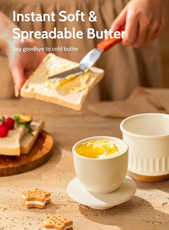 Sweese Embossed French Butter Crock with Water, Ceramic Butter Keeper with Lid for Countertop, Vintage White & Ochre Butter Dish, Dishwasher & Microwave Safe